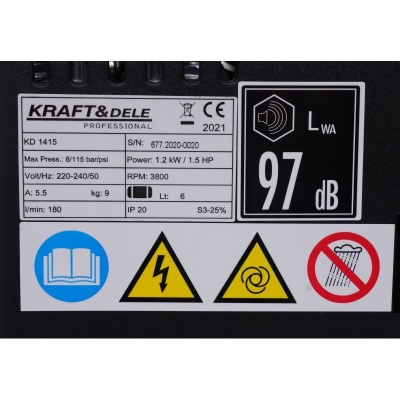 Електрически монофазен безмаслен компресор Kraft&Dele KD1415, 1100 W, 180 л/мин, 6 л, 8 бара