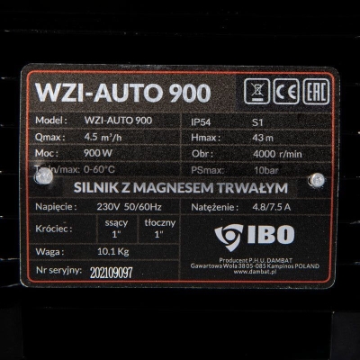 Електрическа монофазна инверторна хидрофорна помпа за вода IBO WZI-900 AUTO, 900 W, 43 м, 75 л/мин (003075)