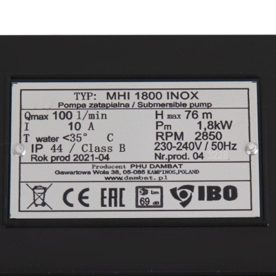Електрическа монофазна многостъпална помпа за вода IBO MHI 1800 INOX, 1800 W, 80 м, 100 л/мин (1244)