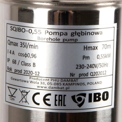 Електрическа монофазна потопяема винтова помпа IBO 3" SQIBO, 550 W, 75 mm, 70 м, 35 л/мин, 15 м кабел (gscr7)
