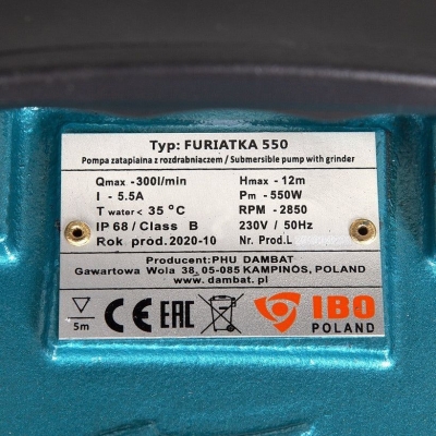 Електрическа монофазна фекална помпа за вода IBO Furiatka 550, 2", 550 W, 12 м, режещ механизъм, 250 л/мин, (1238)