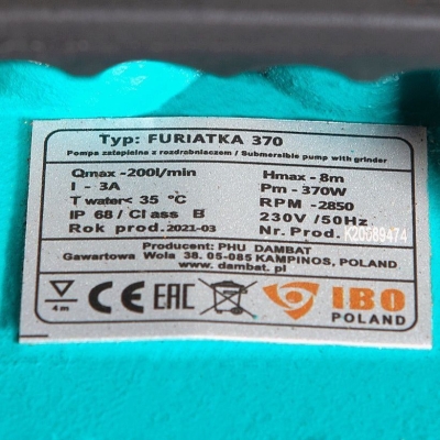 Електрическа монофазна фекална помпа с режещ механизъм IBO Furiatka 370, 370 W, 8 м, 200 л/мин (001122)