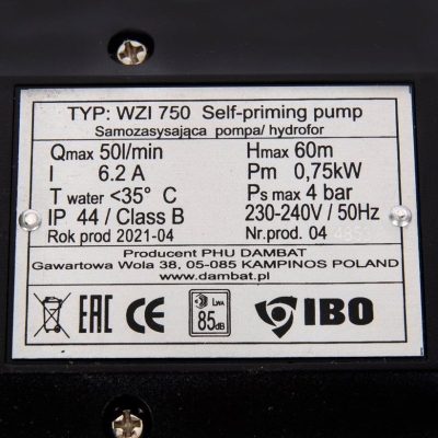 Електрическа монофазна хидрофорна самозасмукваща помпа за вода IBO WZI 750, 750 W, 24 л, 60 м, 50 л/мин (0043)