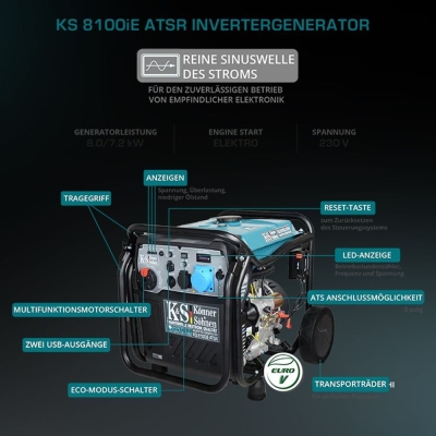 Бензинов инверторен генератор Könner & Söhnen KS 8100iE ATSR, 230 V, 8000 W, 34.8 А, 20 л, 458 см3
