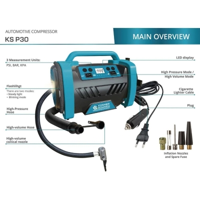 Електрически компресор Könner & Söhnen KS P30, 120 W, 150 psi, 35 л/мин, 220 V / 12 V