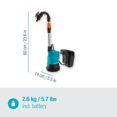 Акумулаторна помпа за вода Gardena Rainwater Tank 2000/2 18V-P4A, 18 V, 2 Ah, 20 м, 2000 л/ч (14602-20)