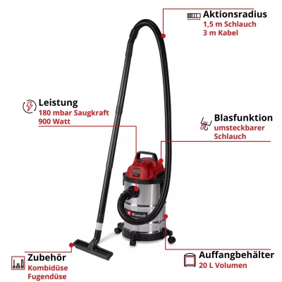 Прахосмукачка за сухо и мокро почистване TC-VC 2045 S Einhell (2347410)